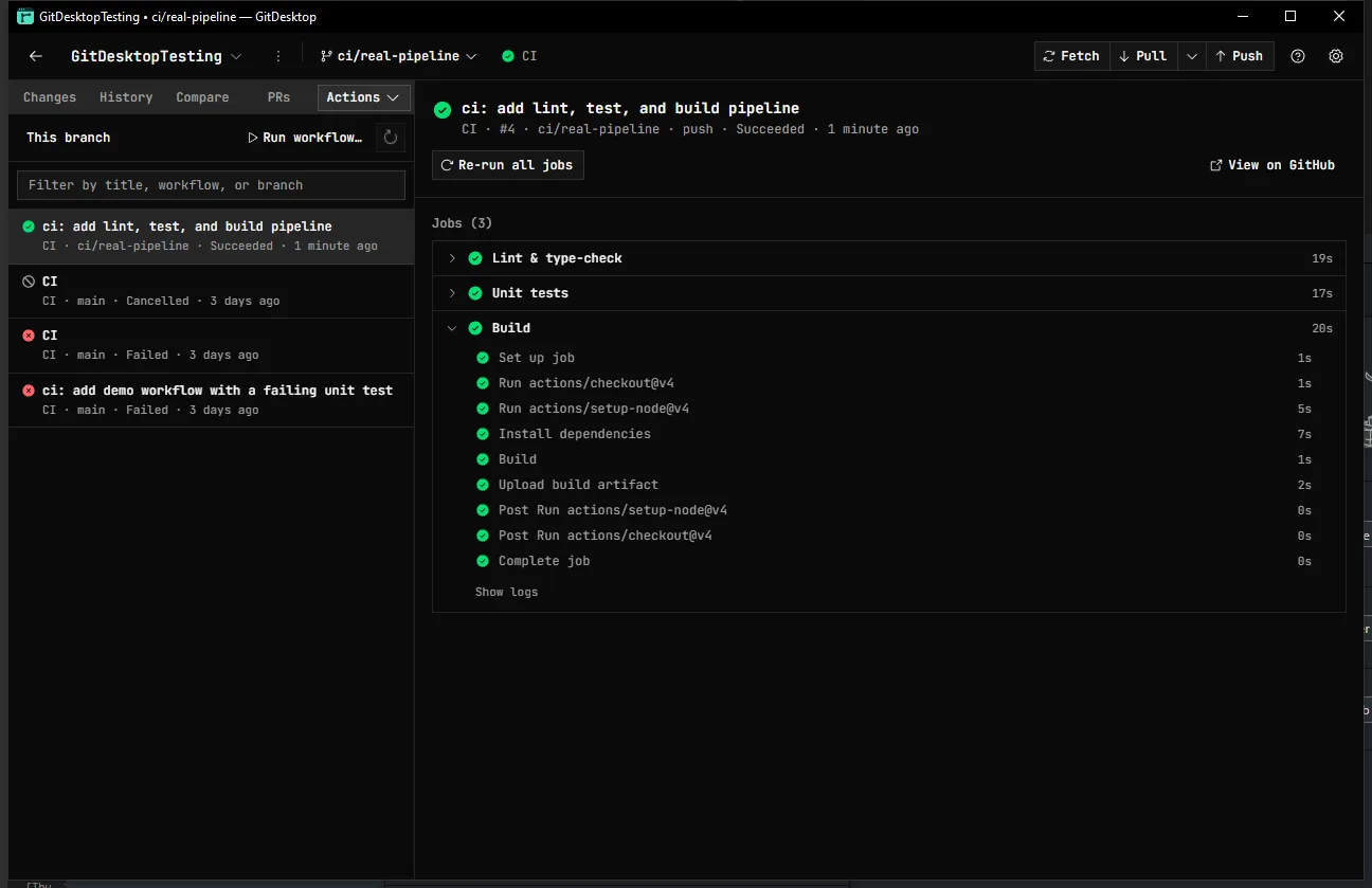 The GitHub Actions view: a workflow run with its jobs and step-by-step status, plus a re-run control