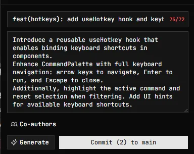 The commit composer with an AI-generated conventional-commit message describing the staged change