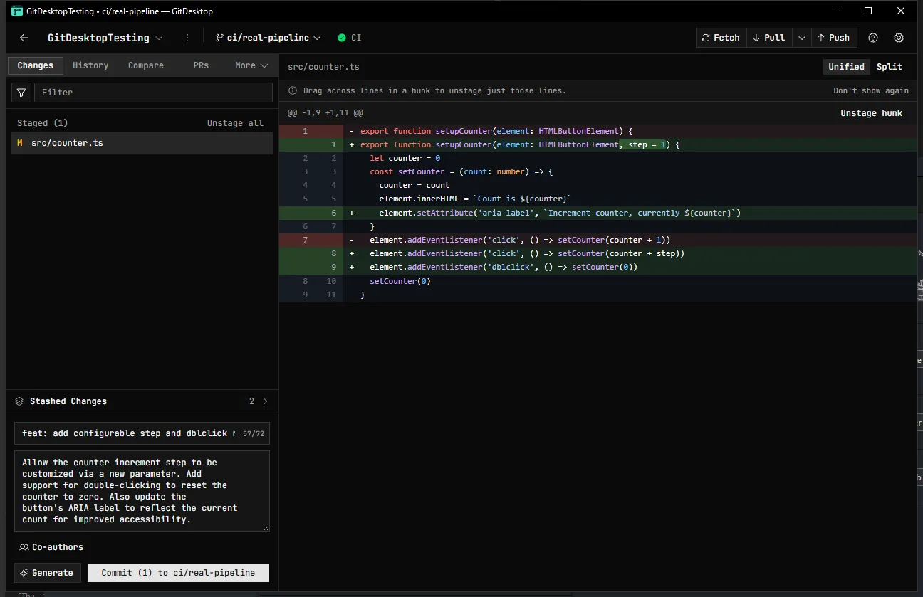 GitDesktop staging a TypeScript diff line by line, with an AI-generated commit message in the composer
