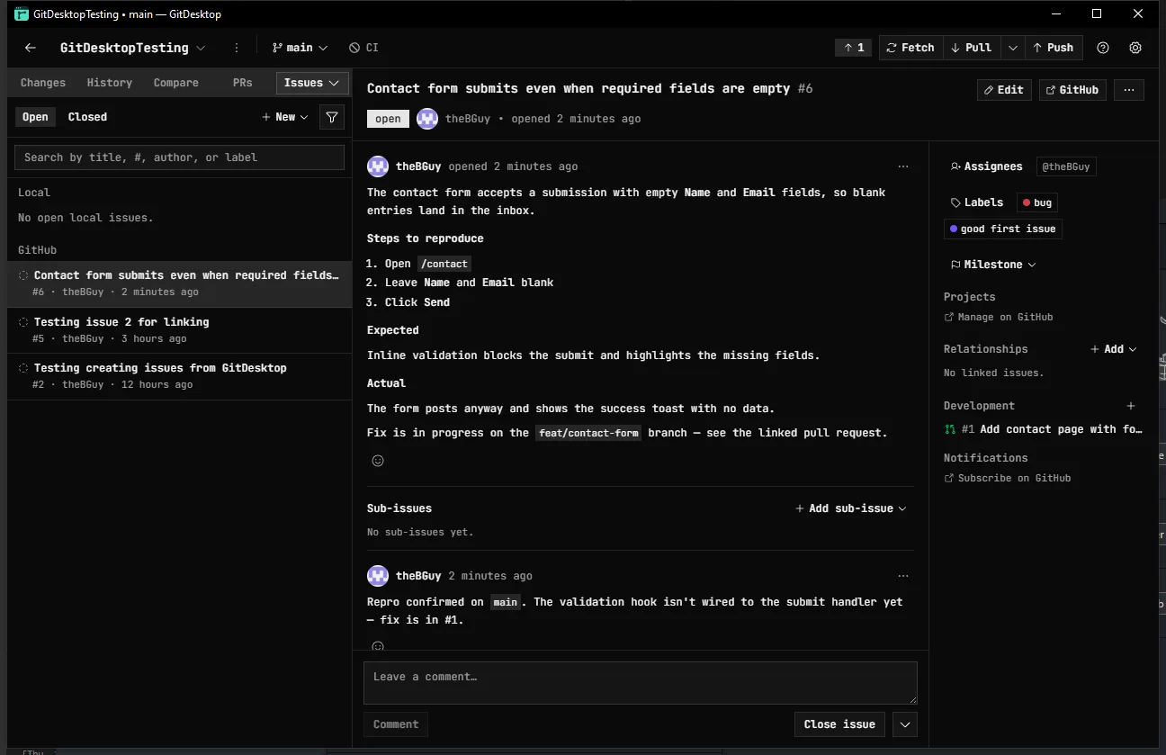 An issue in GitDesktop: a bug report with labels, an assignee, a linked pull request, and a comment thread