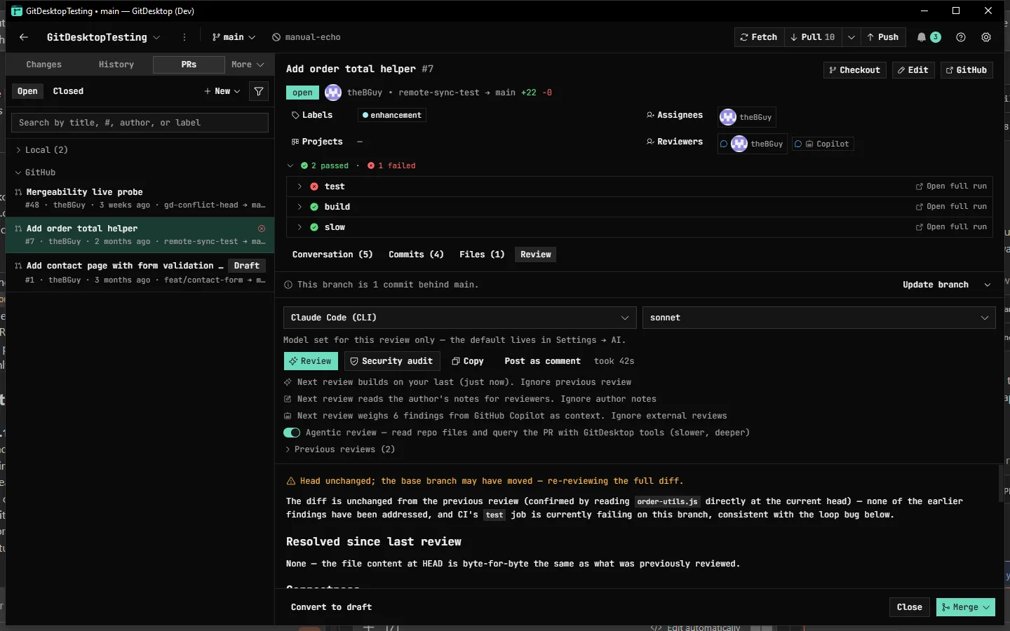 An AI code review re-running on a pull request in GitDesktop — it builds on the previous round, re-verifies every earlier finding (Resolved since last review: none), and lists blocker and should-fix issues with code references