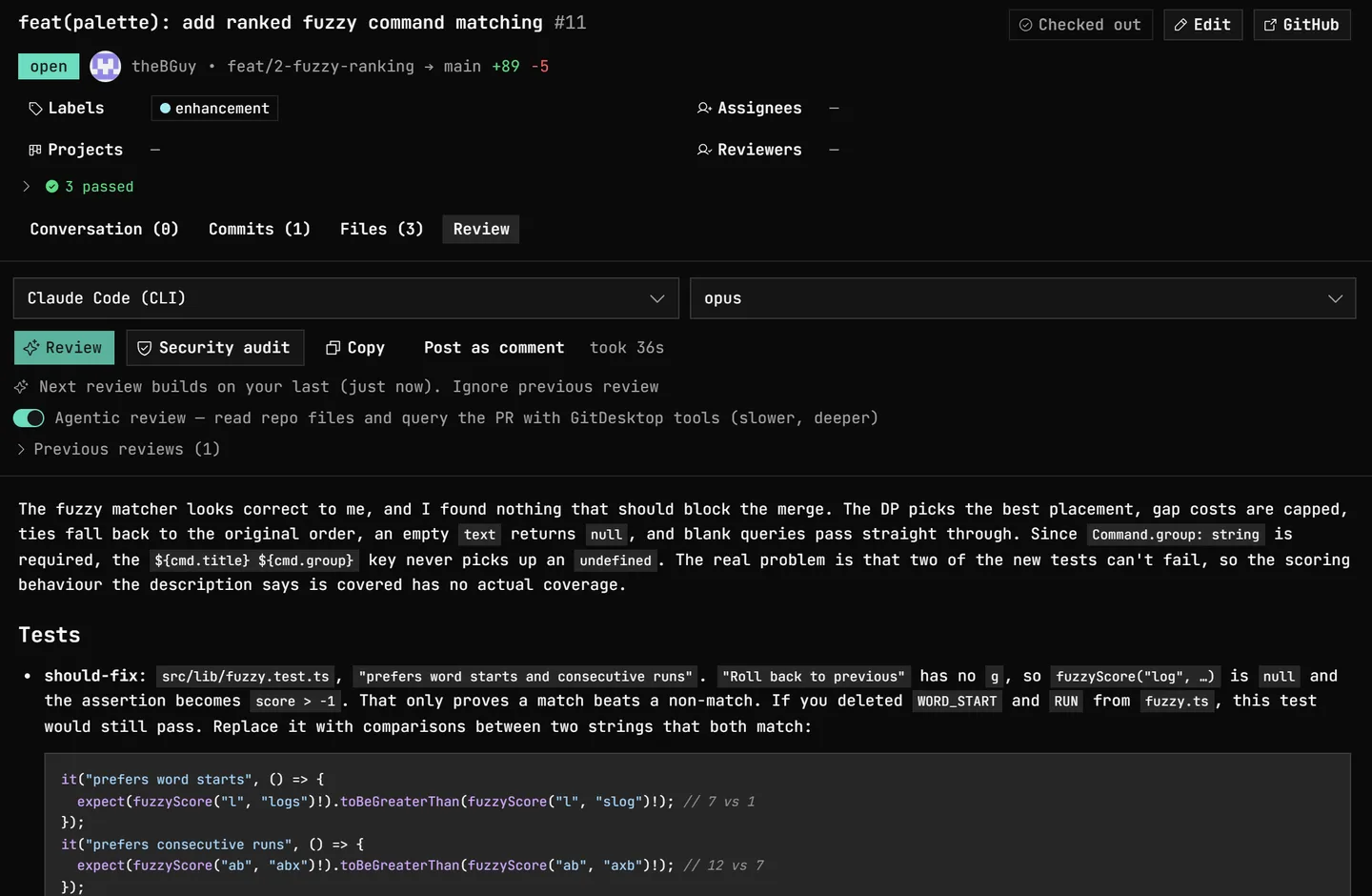 An AI review of a pull request in GitDesktop, run with Claude Code and Agentic review on: one previous review is on record and the next builds on this one, and the result finds nothing blocking the merge, then lists a should-fix finding with suggested test code