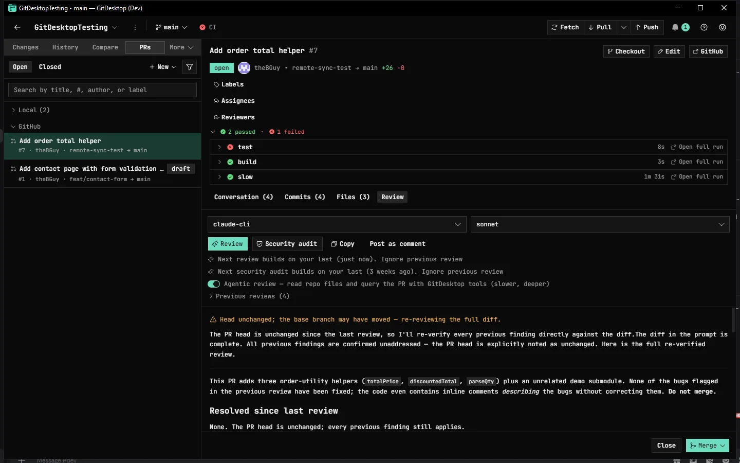 An AI code review re-running on a pull request in GitDesktop — it builds on the previous round, re-verifies every earlier finding (Resolved since last review: none), and lists blocker and should-fix issues with code references