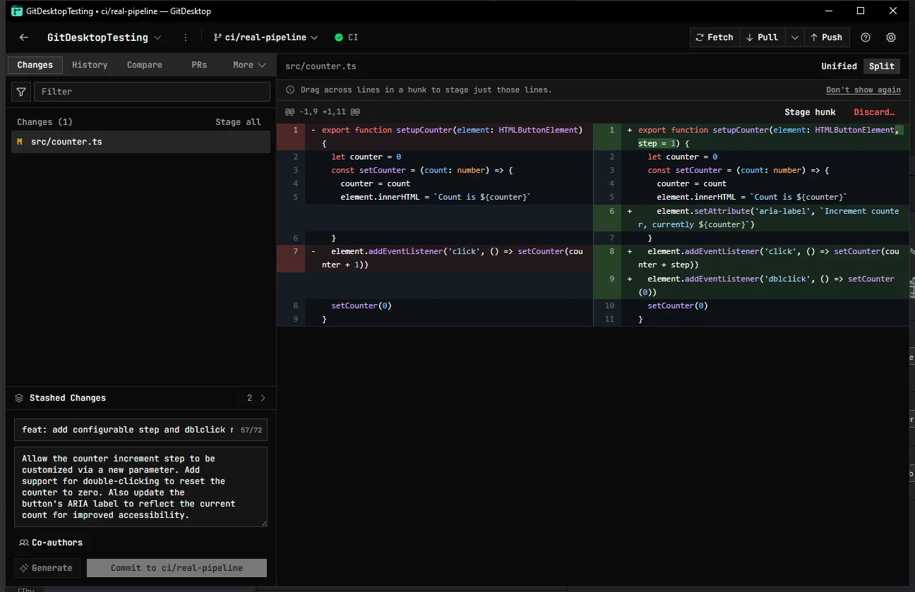 What you're installing: GitDesktop staging a diff hunk by hunk, with the changes list and stash browser beside it